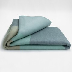 SERENE STRIPED ALPACA WOOL BLEND BLANKET – 96×65 | AQUA, SLATE AND SAND | QUEEN