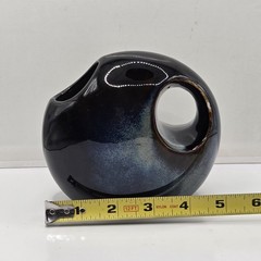 Modern Glazed Ceramic Offset Donut Hole Blues Bud Vase 6″ Asymmetrical Abstract