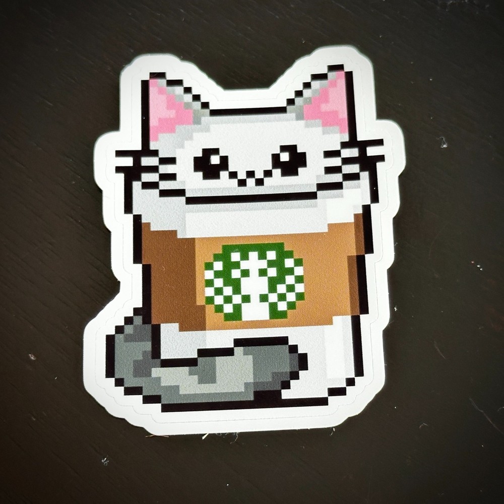Catfoam Latte – Vinyl Cat Sticker – Pixel Art – Kitten in a Coffee Cup