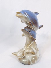 Glazed Ceramic Double Dolphins Figurine Ocean/Coastal Decor sand/cream wave base
