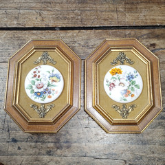 2 Vintage E.A. Riba 7″ x 5.5″ Floral Pictures Octagonal Wood Frames Art Ornate