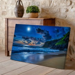 Serene Moonlit Beach Scene At Night, Featuring A Luminous Full Moon Wall Art