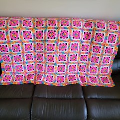 Afghan Pink Multicolor Crochet Knit Handmade Crafted Flower Throw Blanket Granny