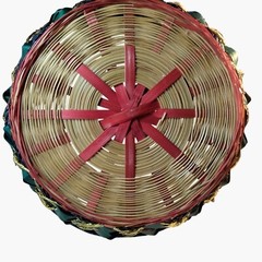 Handcrafted Multicolor Woven Basket Ornate Blue Gold Star Pattern Handle
