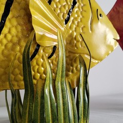2 Metal Fish Sculptures Seagrass Base 15″ Yellow Tiger Stripe 14″ Red Angelfish