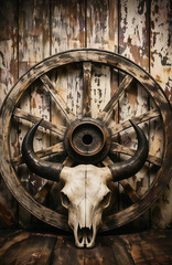 Western Bull Skull Wagon Wheel Canvas Wall Art – Rustic Cowboy Decor