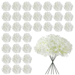 Bulk White Artificial Hydrangea Flowers, 30 Pcs Faux Silk Heads with Stems