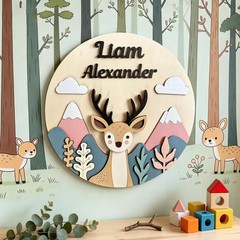 Personalized 3D Woodland Animal Wooden Name Sign – Nursery Decor, Baby Boy Gift