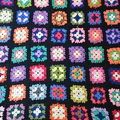 VTG Black Granny Square Couch Sofa Afghan Blanket Throw Rainbow 36 X 60″