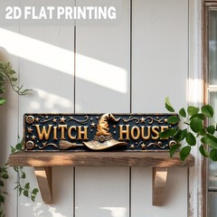 Witch House Witch Hat Broom Metal Sign Distressed Halloween Wall Decor Plaque