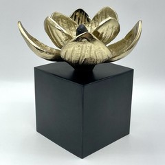 Gilt Metal Magnolia Bloom Sculpture on Black Plinth Modern Decor