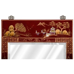 US Seller – Red Lacquer Chinoiserie Scenery Motif Chinese Vertical Mirror