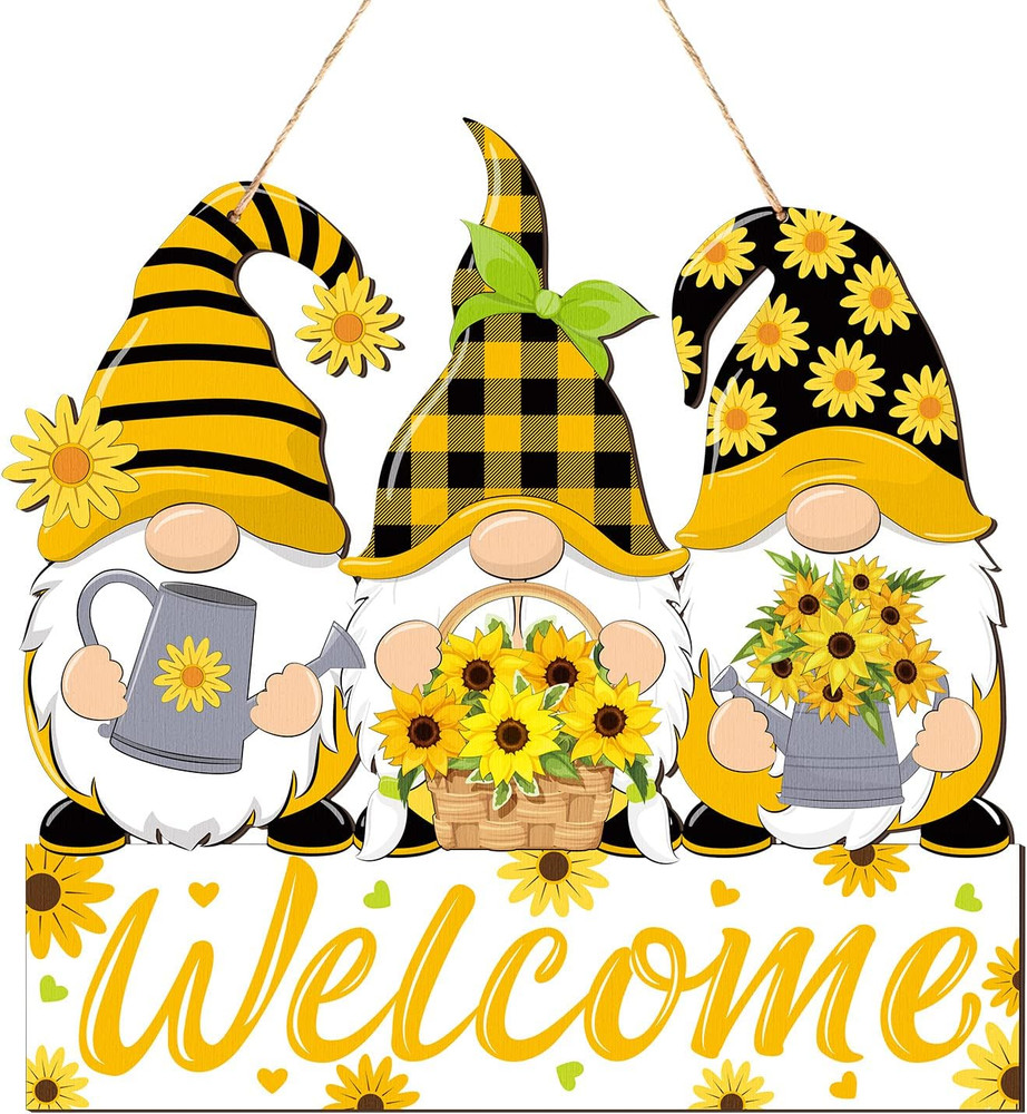 Sunflower Welcome Door Sign Wood Gnome Hanger Sunflower Wreath for Front Door Su