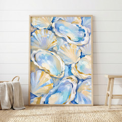 Blue Scallop Oyster Shells Painting Art Poster Coastal Beach House Decor Print