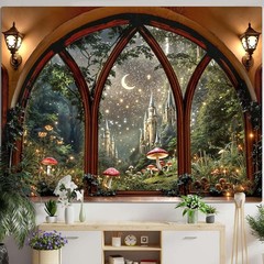 Fantasy Castle Window Tapestry, Magic Woodland Scene Large Wall Backdrop, Fai…