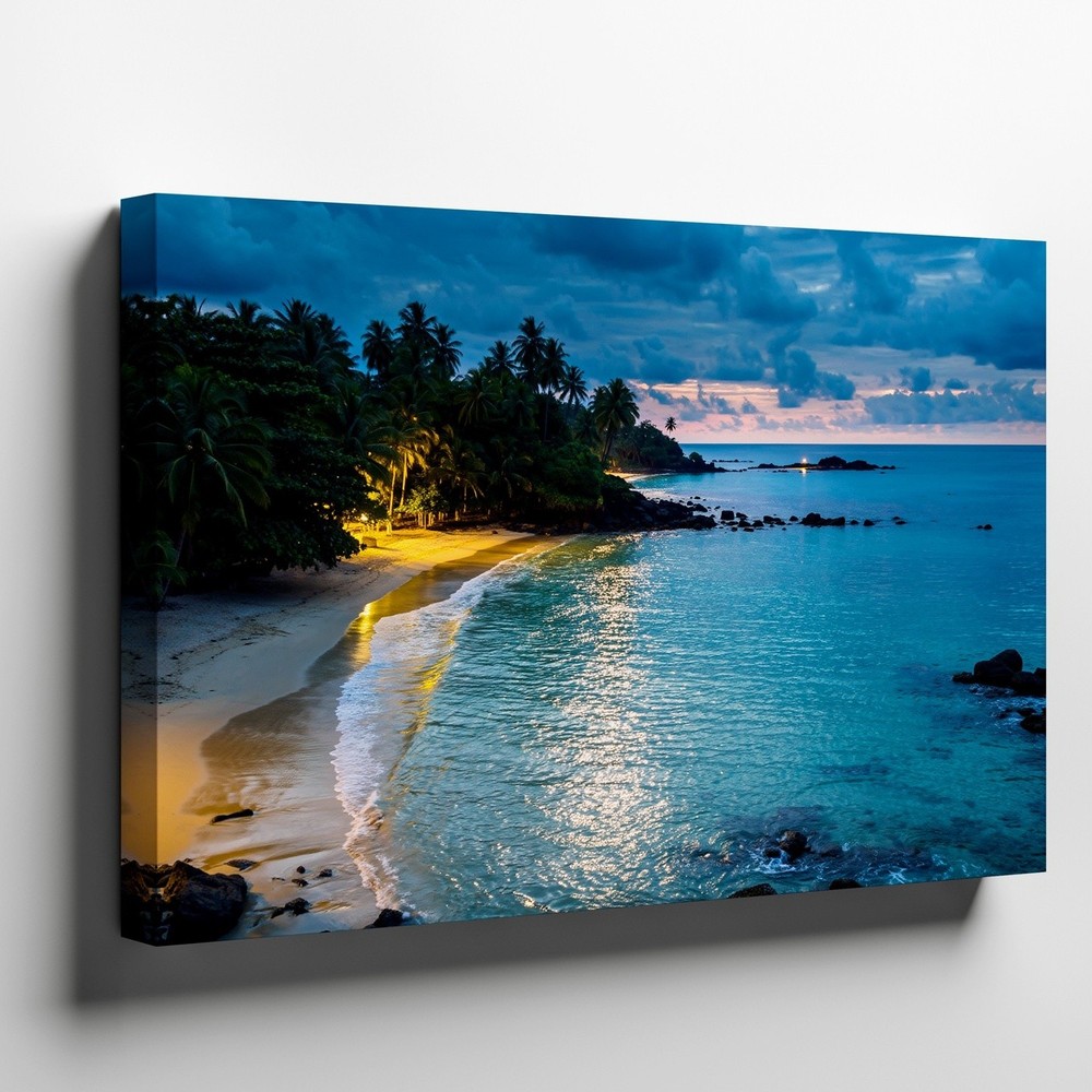 Wall Art Serene Beach Scene At Night, Featuring A Sandy Shoreline Bordered By