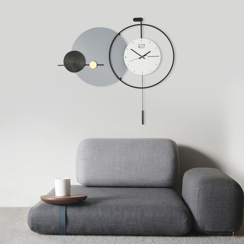 Modern Iron Pendulum Wall Clock 79 × 72 cm Round Gray Black White