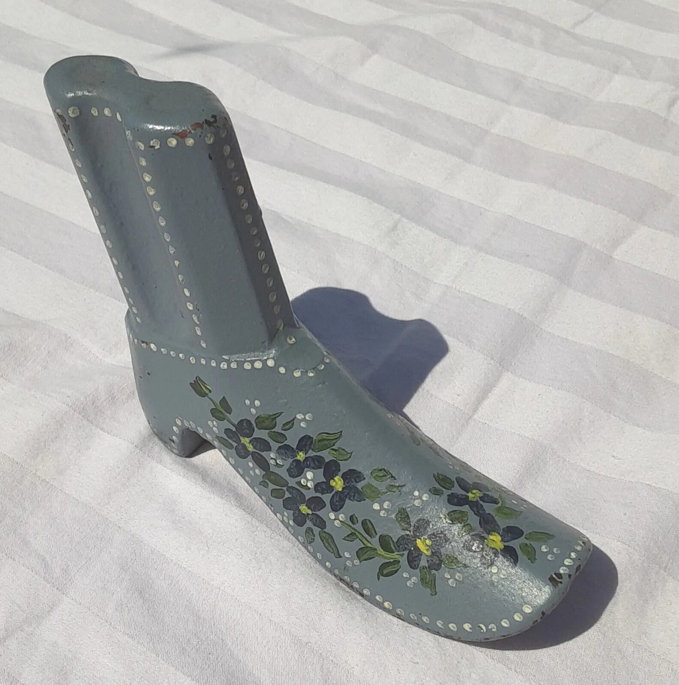 Vintage Doorstop Holder Cast Iron Boot Hand Painted Gray Blue Flowers