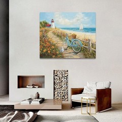Vibrant Coastal Wall Decor: Framed Beach Bicycle and Lighthouse Canvas, 20”x16”