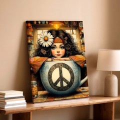 Wall Art Hippie Girl in Teacup Peace Sign Daisy Boho Kitchen Fantasy Print Decor