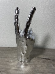Silver Hand Art Sculpture Peace Sign Home Decor 7 3/4” In