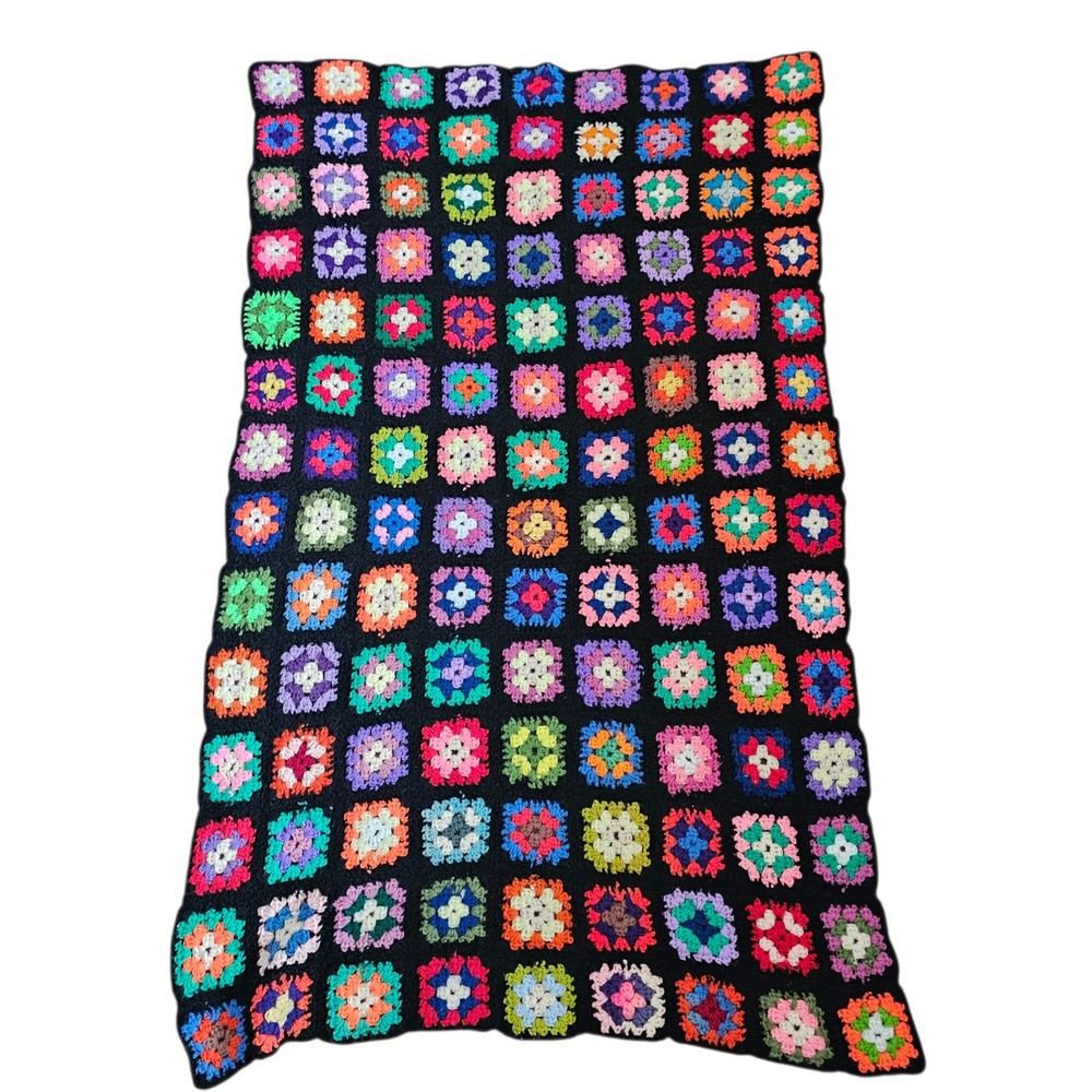 VTG Black Granny Square Couch Sofa Afghan Blanket Throw Rainbow 36 X 60″