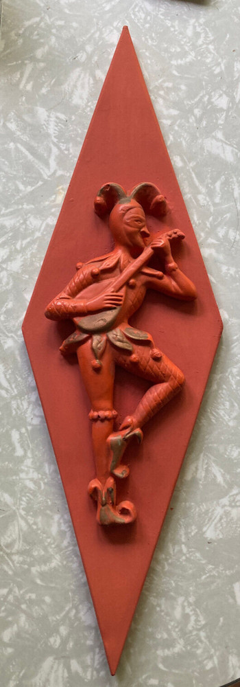 MCM vintage diamond shaped hangable chalkware orange jester, herlequin