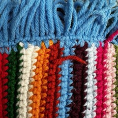 Handmade Crochet Afghan Throw Blanket Multicolor Rainbow Striped Blue Fringe