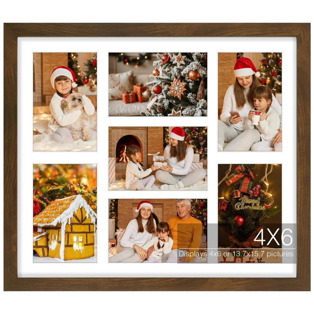, 4×6 Multi Picture Frame, Brown Solid wood with Tempered Glass, Multiple 7-4…