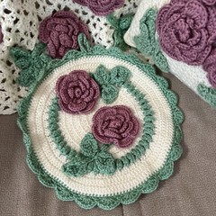 3pc Handmade Crochet 3D Rose Small Afghan, Pillow & 11” D Wall Hanging 35×39”