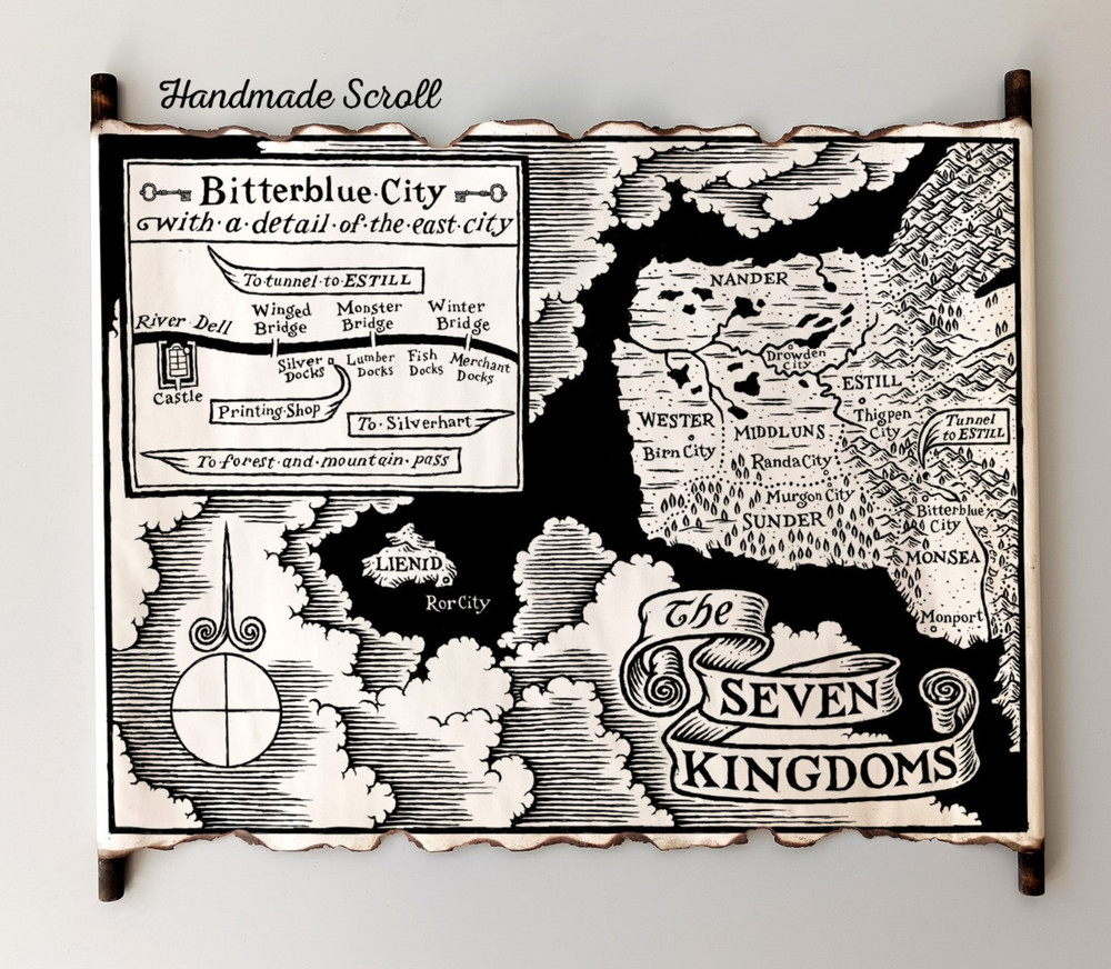 Graceling Realm – The Seven Kingdoms Map on Handmade Scroll, Bookish Art