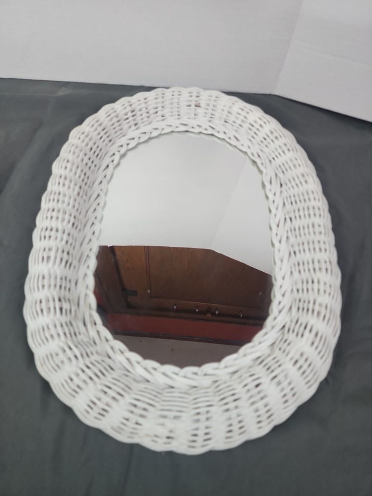 Vintage Small White Wicker Oval Mirror Shabby Chic Cottage Decor 16 X 12 X 1.5″