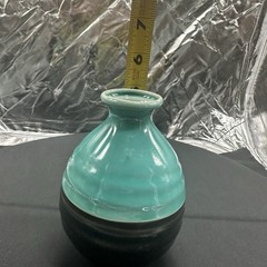 Glossy Teal & Matte Black Colorblock Ceramic Pottery 5″ Small Vase Sake Jug