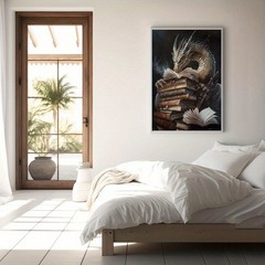 Framed Canvas Old Dragon Reading Stack Antique Books Dark Fantasy Wall Canvas