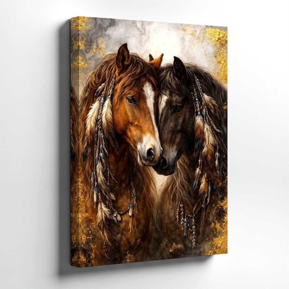 Wall Art Two Horses Canvas Print Rustic Western Animal Portrait Decor Gold Home