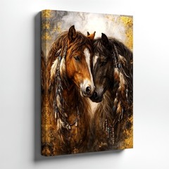 Wall Art Two Horses Canvas Print Rustic Western Animal Portrait Decor Gold Home