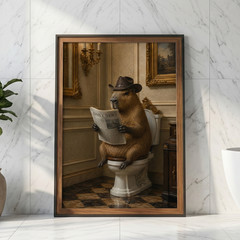 Capybara Reading Newspaper on Toilet Poster Cowboy Vintage Bathroom Wall Art Pri
