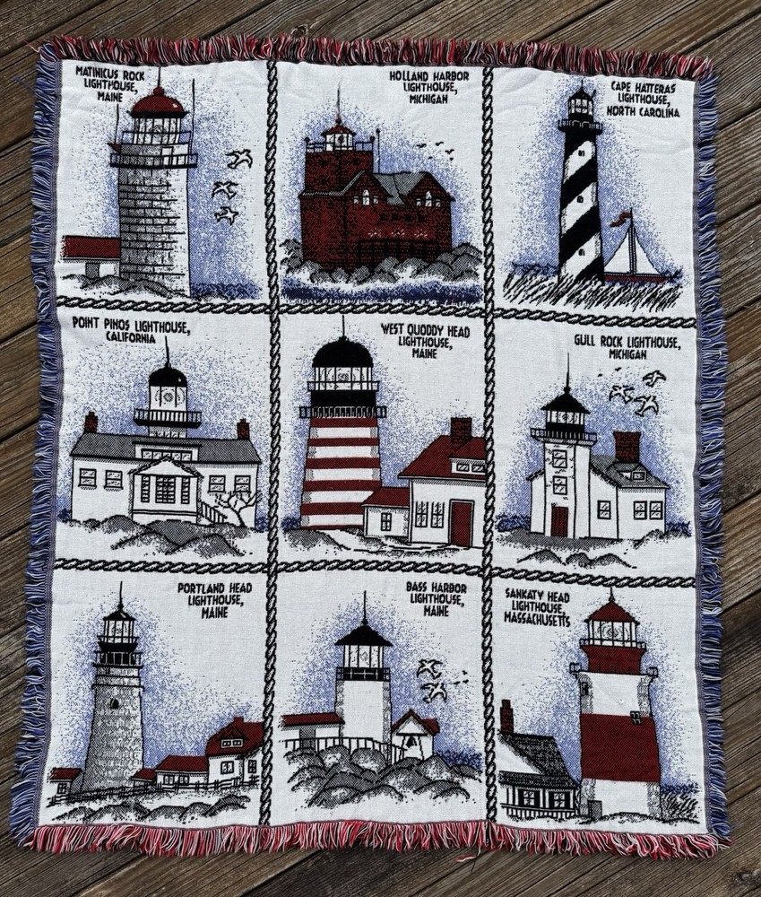 Lighthouses Tapestry Throw Blanket 53×45 Fringed Red White Blue Nautical Coastal