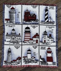 Lighthouses Tapestry Throw Blanket 53×45 Fringed Red White Blue Nautical Coastal