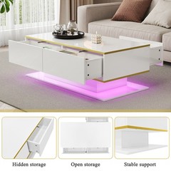 Modern LED Coffee Table With High-Gloss Finish, 100 Cm Length, Gold Accents, 3 D