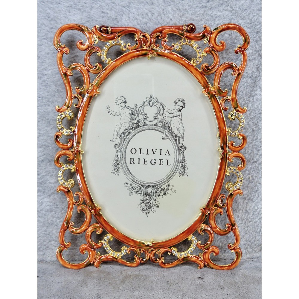 Olivia Riegel Orange Enamel Gold Swarovski Crystal Ornate Oval Picture Frame 9in