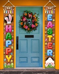 Happy Easter Decoration Colorful Eggs Flowers Bunny Porch Sign Door Banner 12×71