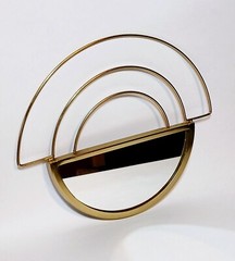 Vintage Art Deco Style Half Moon Gold Metal Framed Mirror Clean Lines Atomic MCM