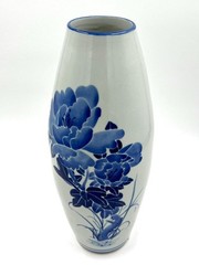 Vintage Blue White Porcelain Floor Vase Hand Painted Floral Asian Decor