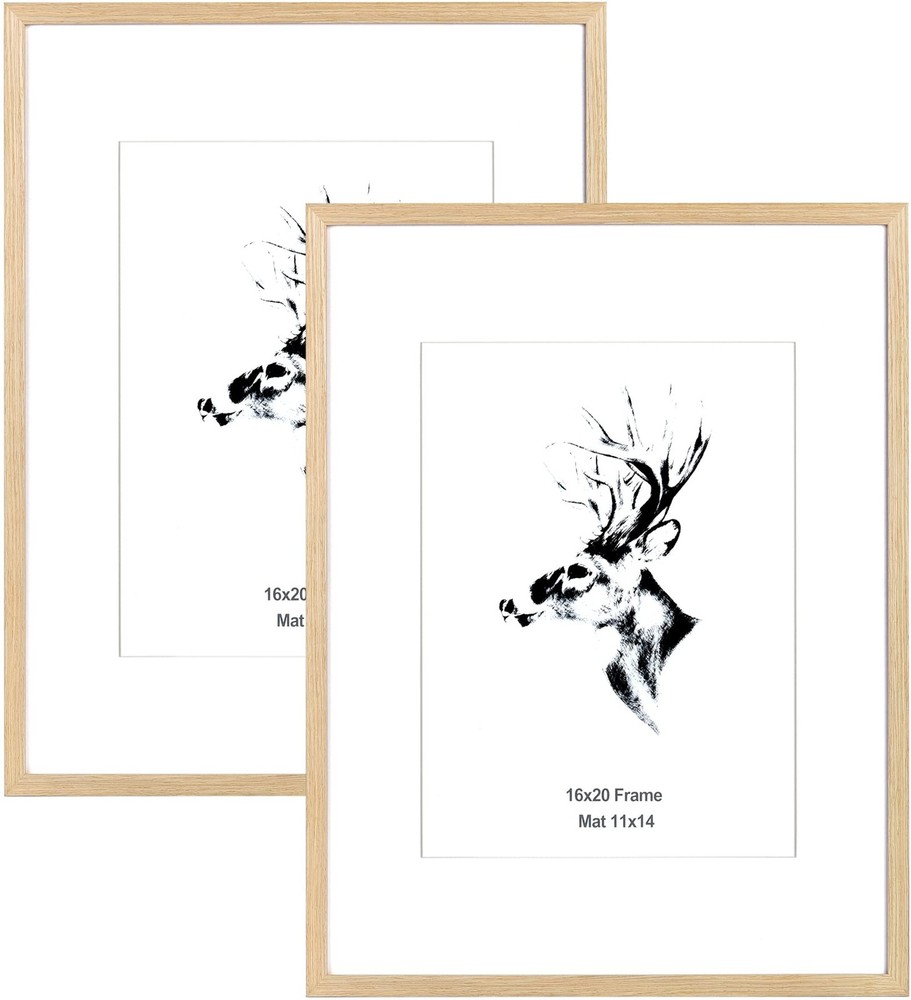 16×20 Picture Frame Matted to 11×14 Set of 2, Natural Solid Oak Wood Frame 16…