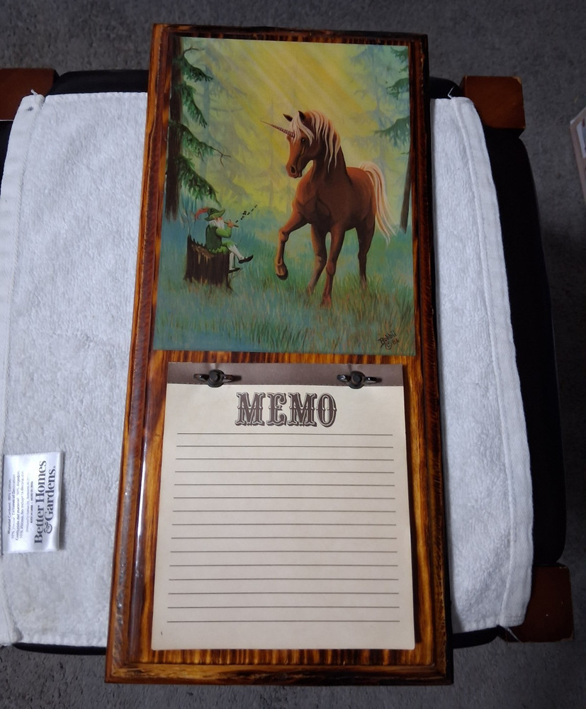 Framed Wall-Mounted Wood Rectangle Memo Board, Fantasy Unicorn, Brown/Green