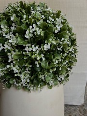 W&C Artificial Boxwood Topiary Ball With White Blooms -The Lane, 21 in, UV Rated