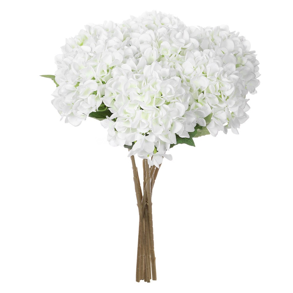 EZFLOWERY 5 Pcs Artificial Silk Hydrangea Flowers 18» Bouquet Arrangement White