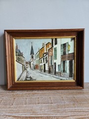 Vintage Paris Street Scene Print Framed Mid Century European Village Wall Art