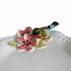 Corner Ruby Botanical Collection 3D Floral Bird Ceramic Catchall Dish 9in New